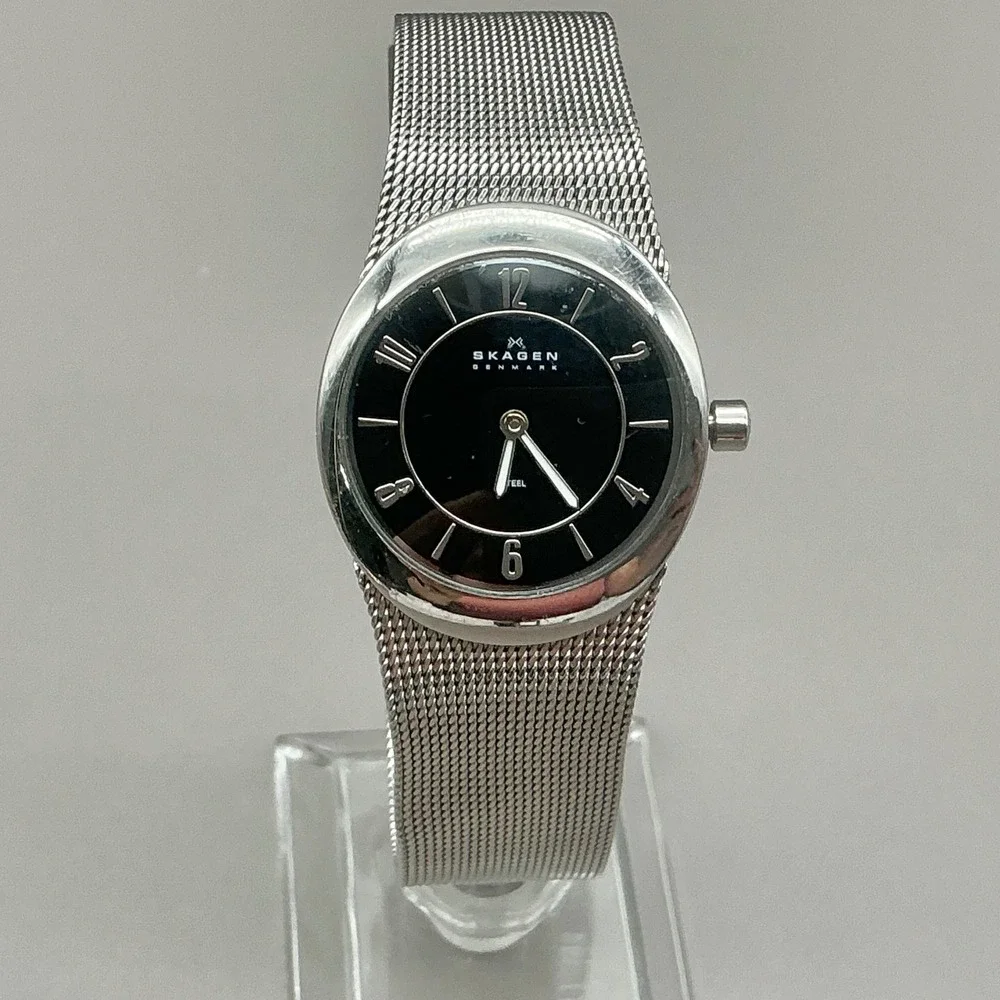 Skagen Watch Women's 0564XSSB Silver Mesh Black Dial 34mm Quartz NEW BATTERY